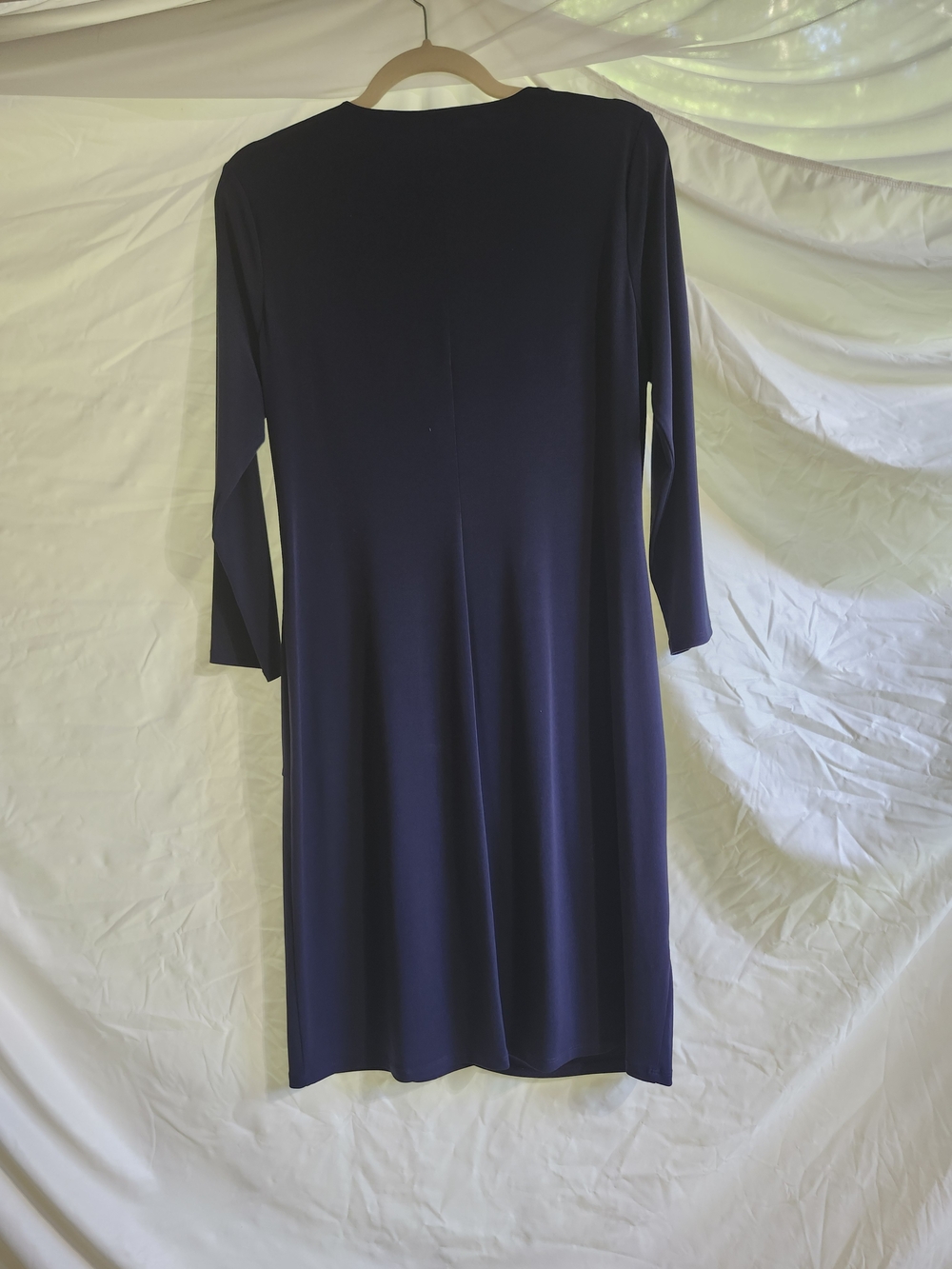 Calvin Klein Navy Faux-Wrap Ruched Midi Dress with Gold Zipper Detail - Picture 5 of 8